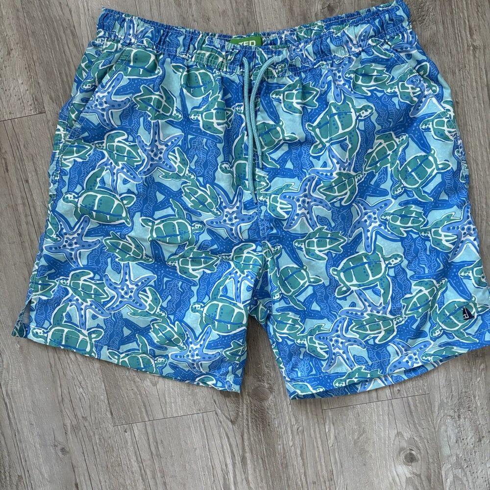 TED Lapidus Men's Swim Trunks Blue/Green Sea Turtle Starfish Print Size XL